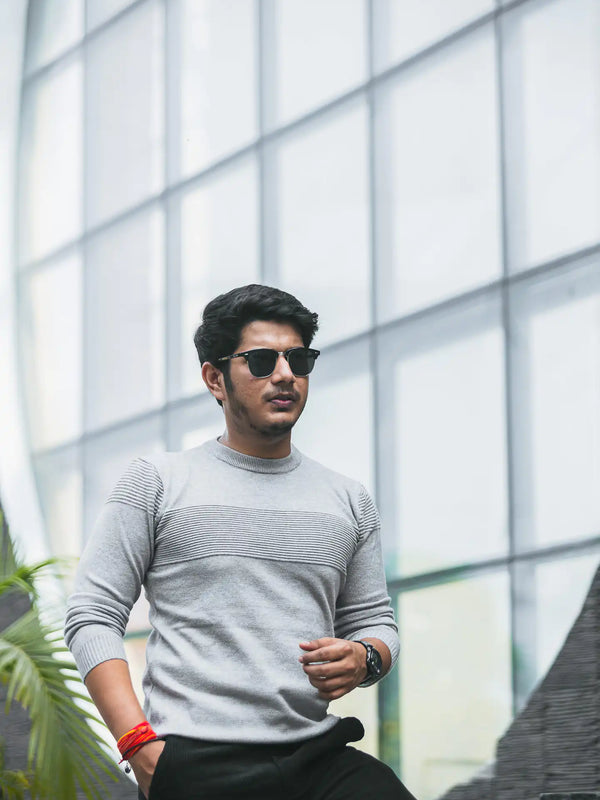 Grey Self-Designer Knitted Sweater