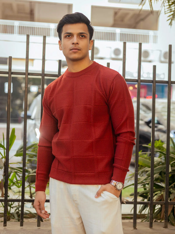 Brick Red Checkered Round Neck Sweater