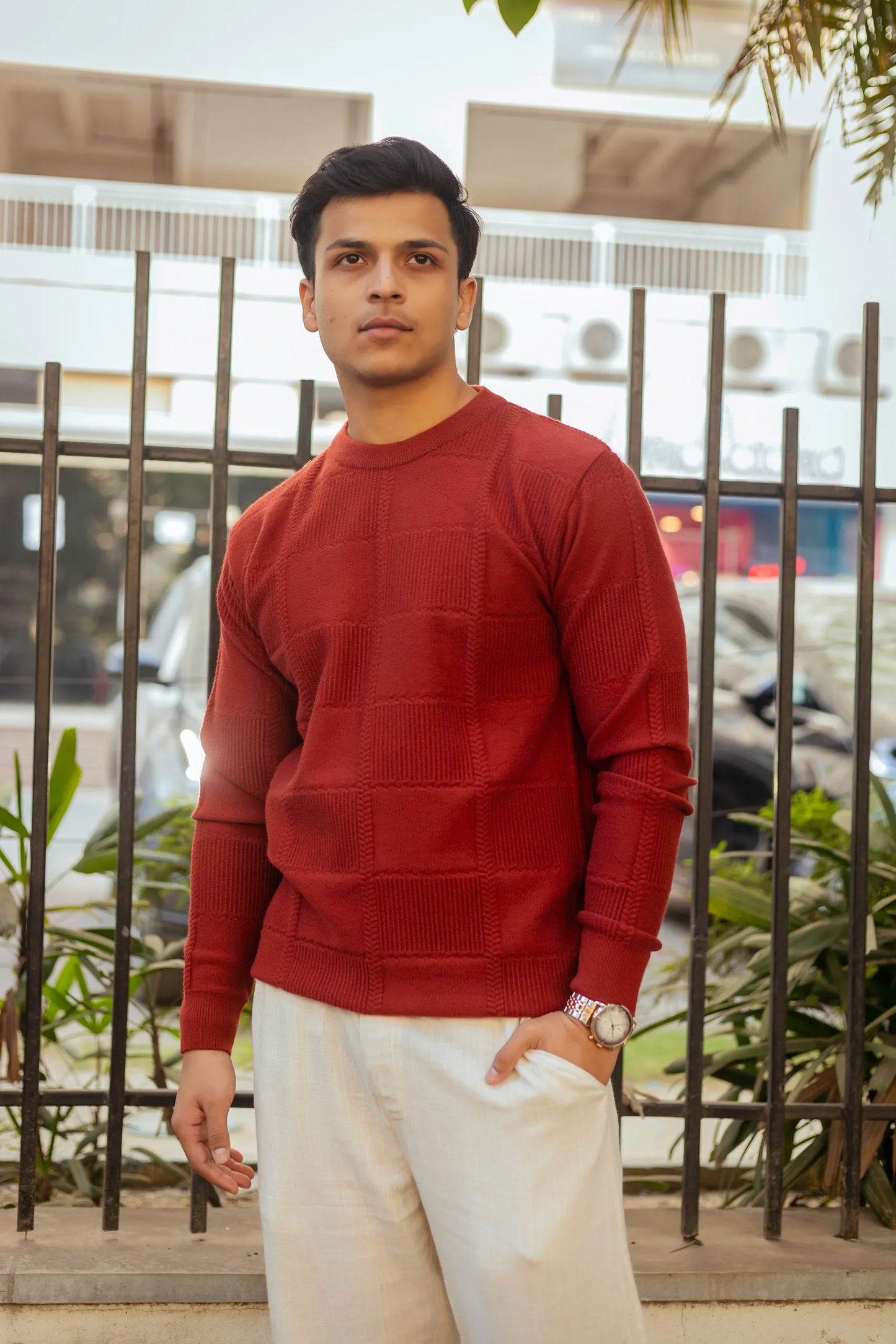 Brick Red Checkered Round Neck Sweater
