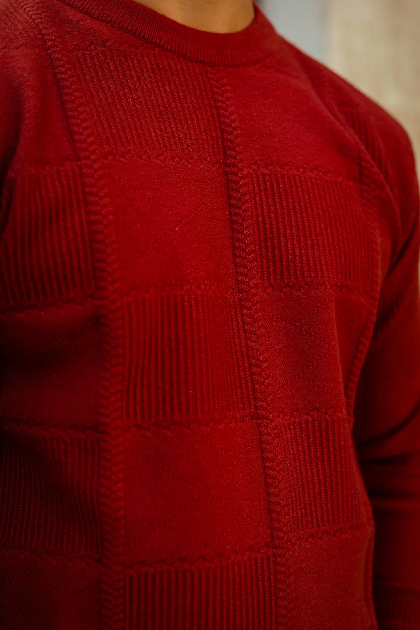 Brick Red Checkered Round Neck Sweater