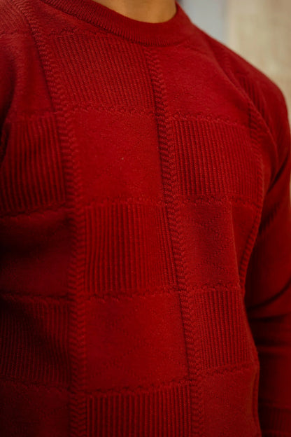 Brick Red Checkered Round Neck Sweater