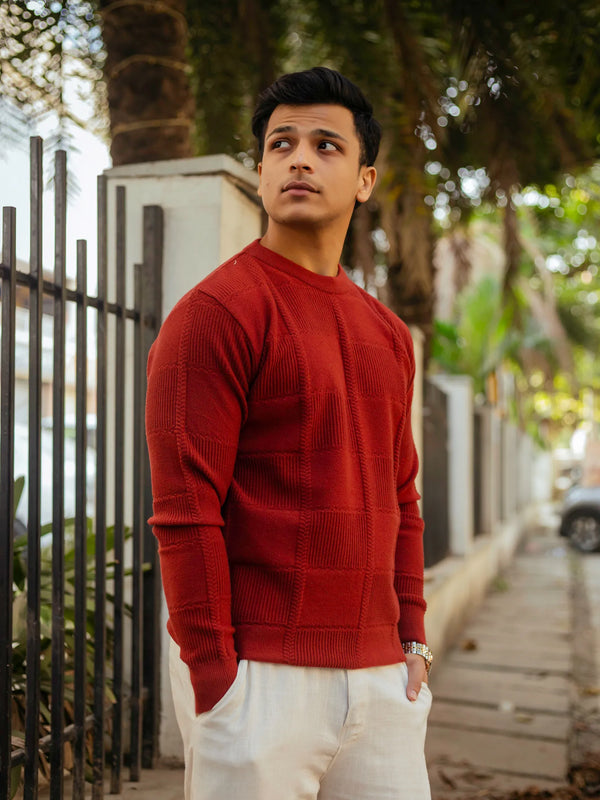 Brick Red Checkered Round Neck Sweater
