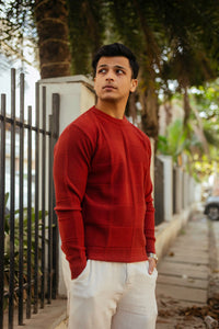 Brick Red Checkered Round Neck Sweater