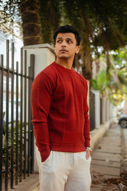 Brick Red Checkered Round Neck Sweater