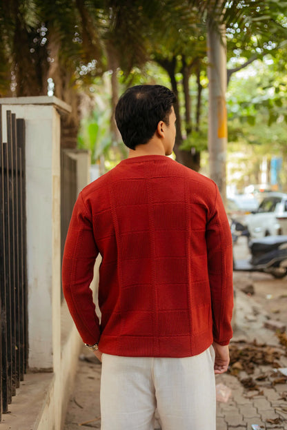 Brick Red Checkered Round Neck Sweater