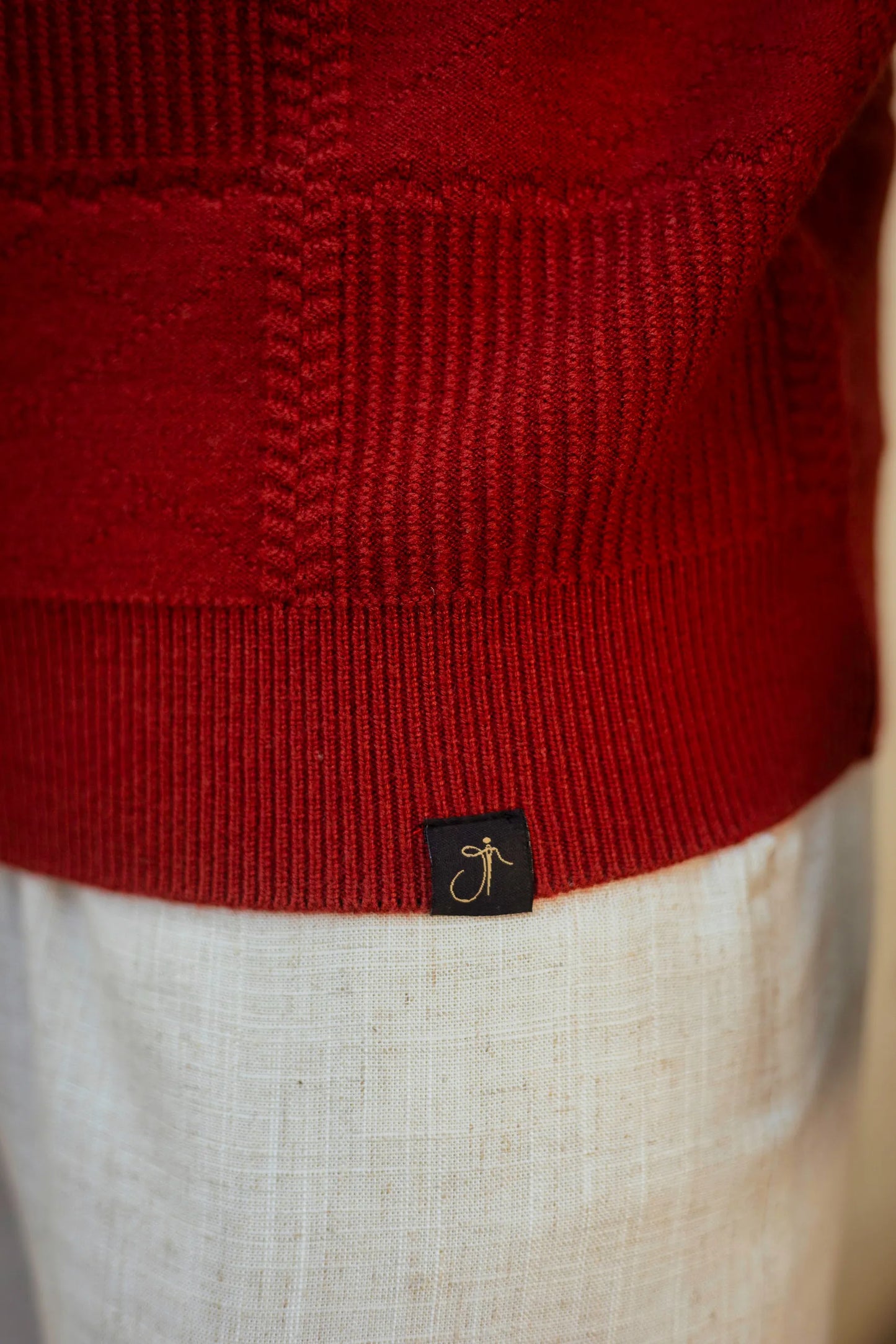 Brick Red Checkered Round Neck Sweater