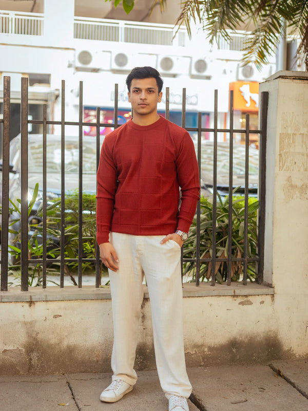 Brick Red Checkered Round Neck Sweater