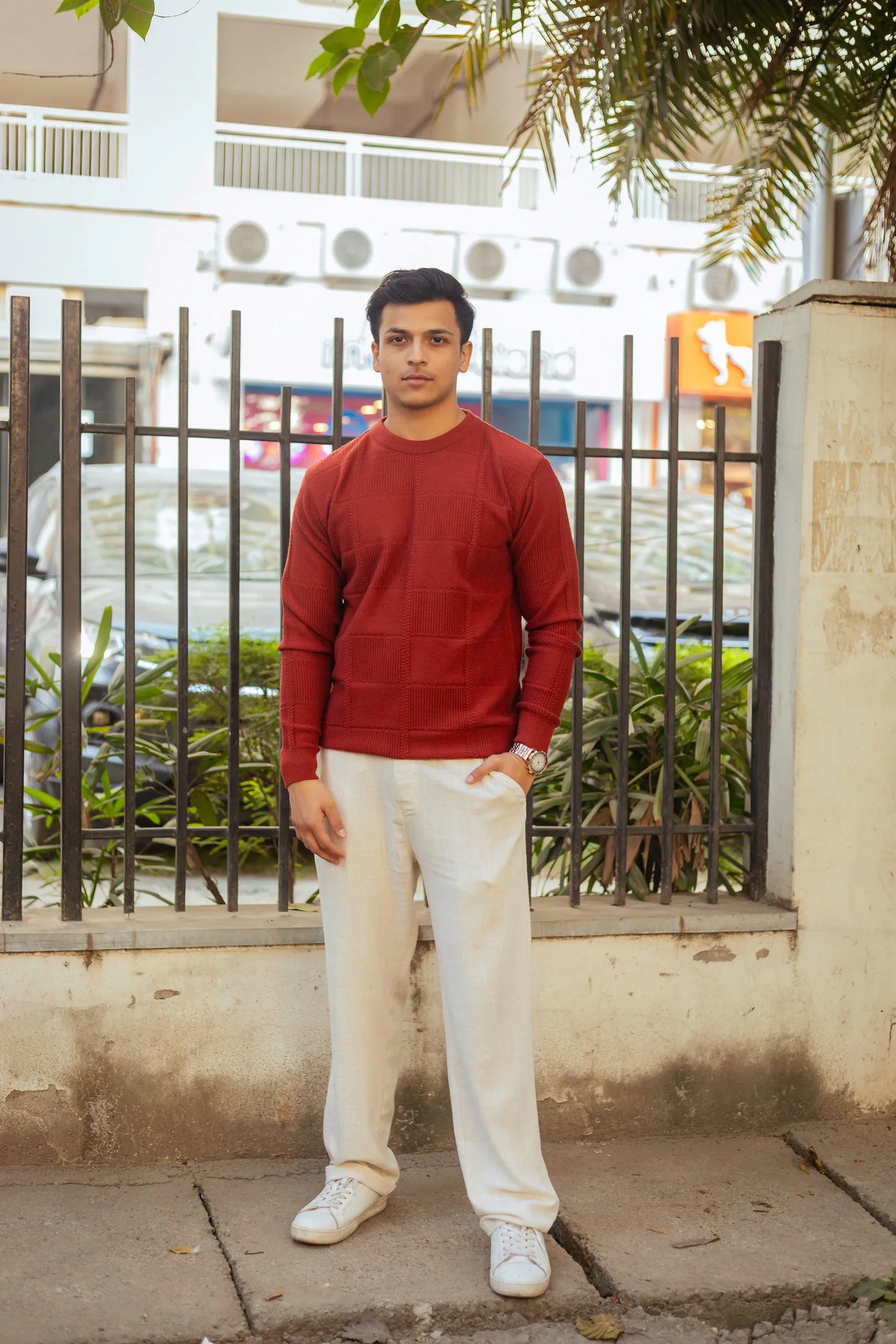 Brick Red Checkered Round Neck Sweater