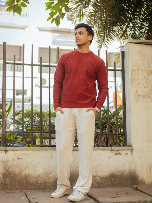 Brick Red Checkered Round Neck Sweater
