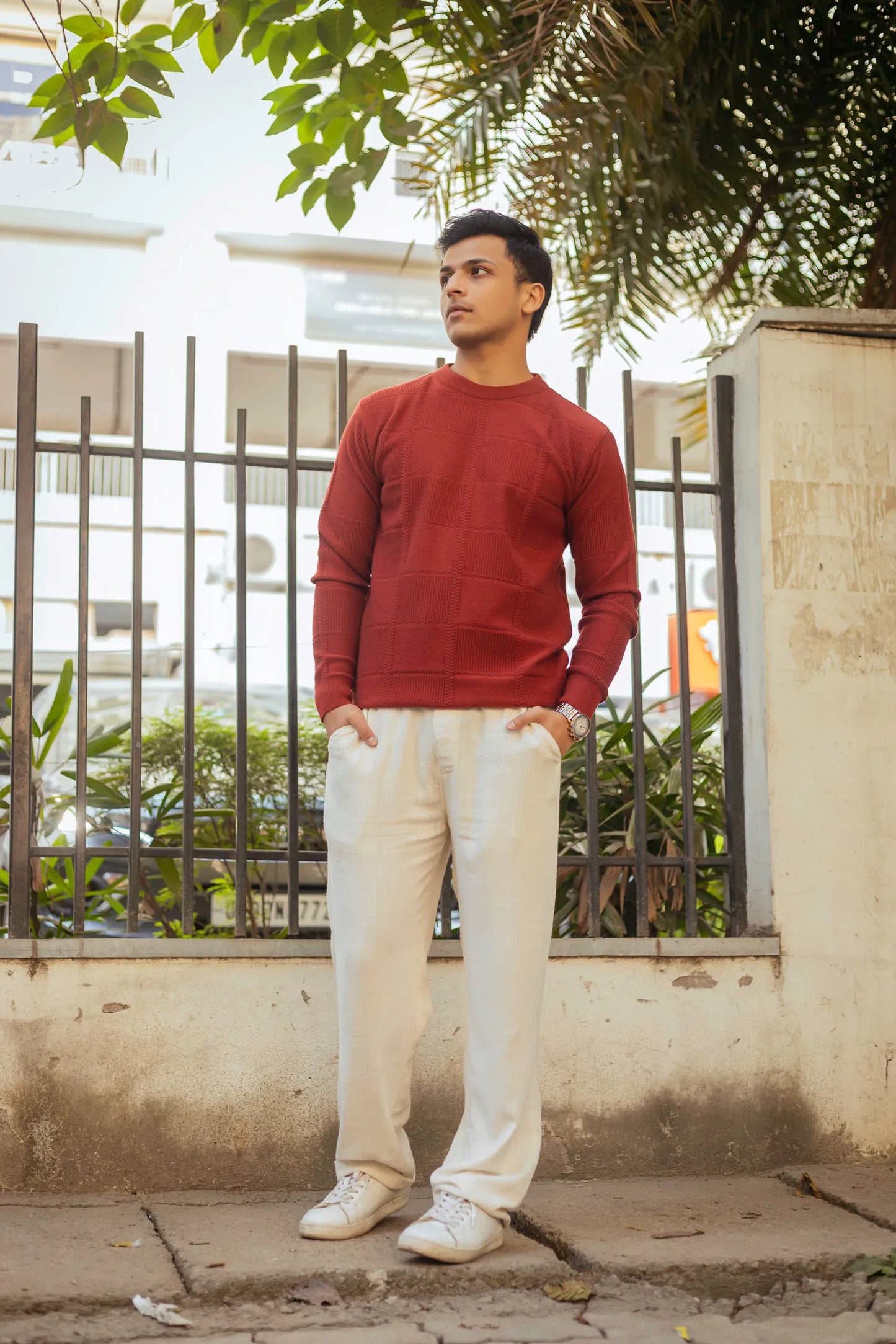 Brick Red Checkered Round Neck Sweater