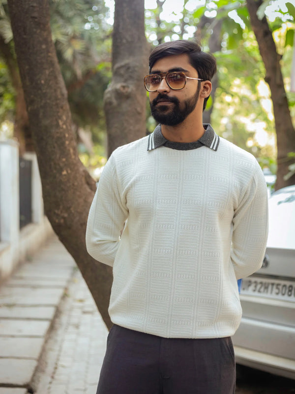 White with Grey Contrast Polo Neck Pullover