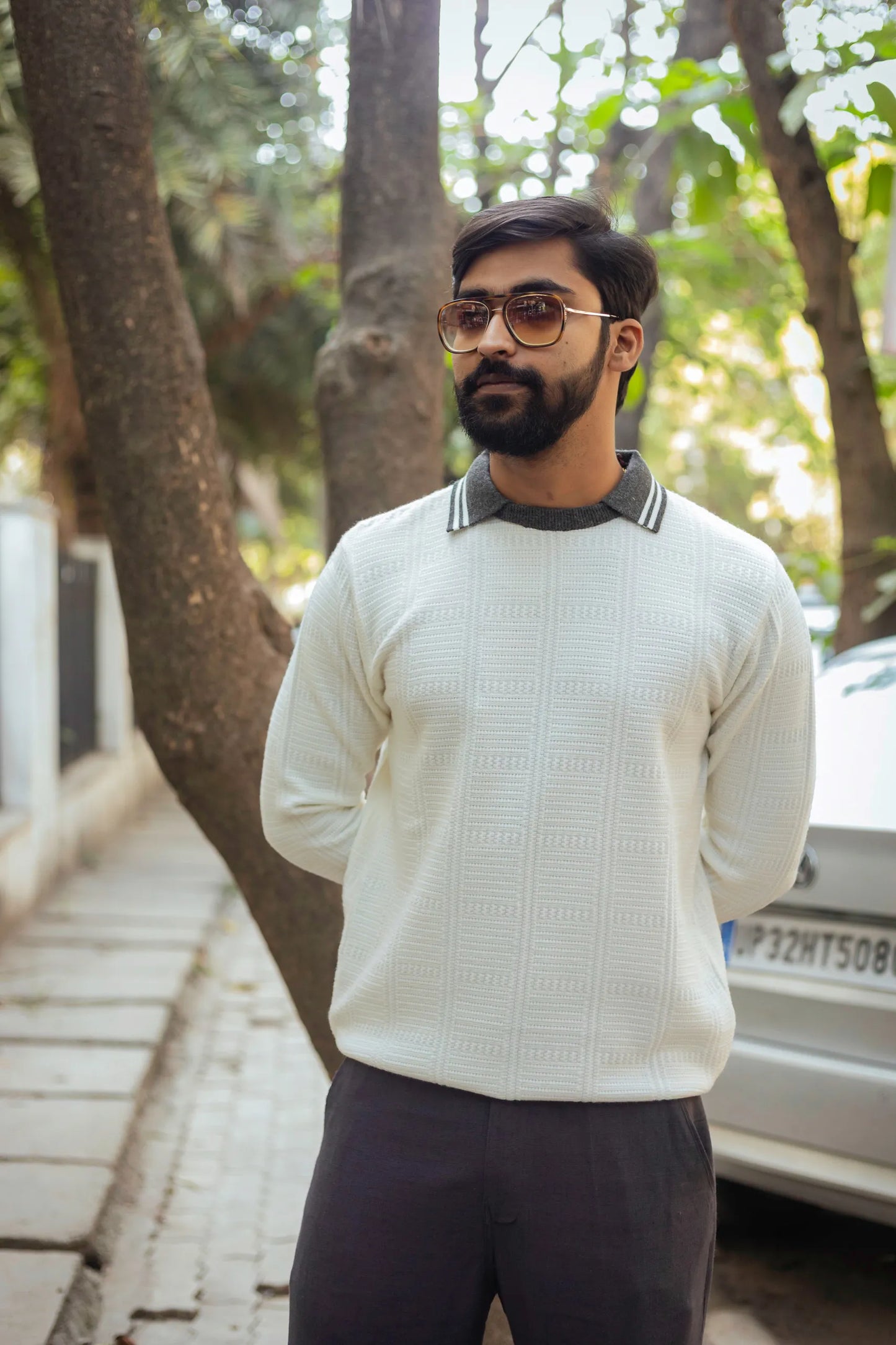 White with Grey Contrast Polo Neck Pullover