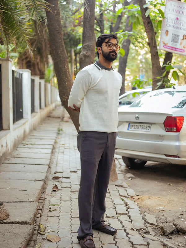 White with Grey Contrast Polo Neck Pullover