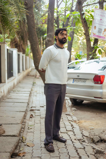 White with Grey Contrast Polo Neck Pullover