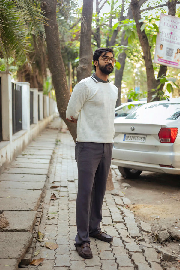 White with Grey Contrast Polo Neck Pullover