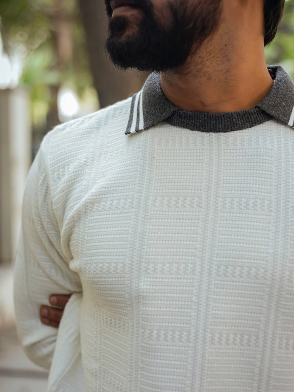 White with Grey Contrast Polo Neck Pullover