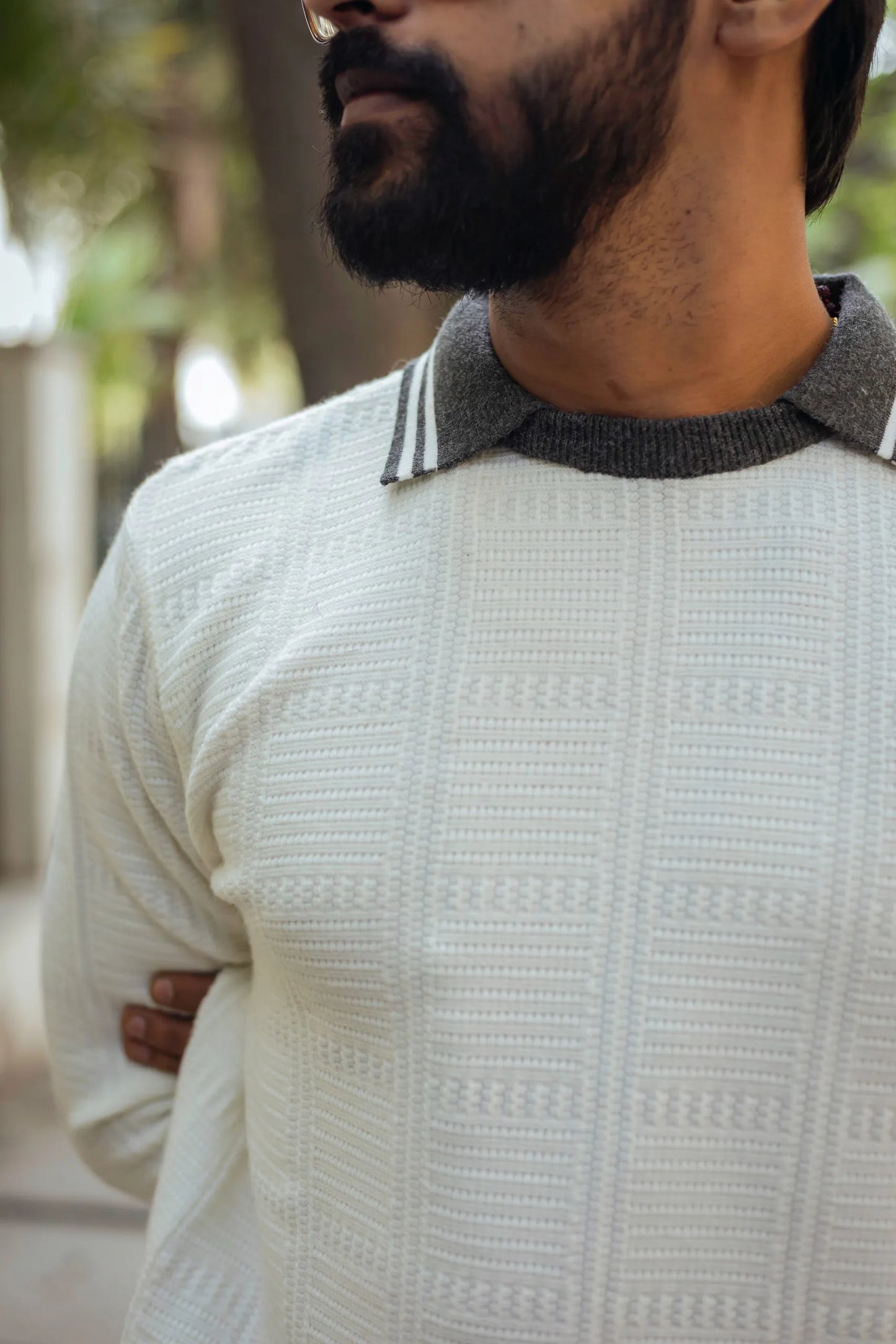 White with Grey Contrast Polo Neck Pullover