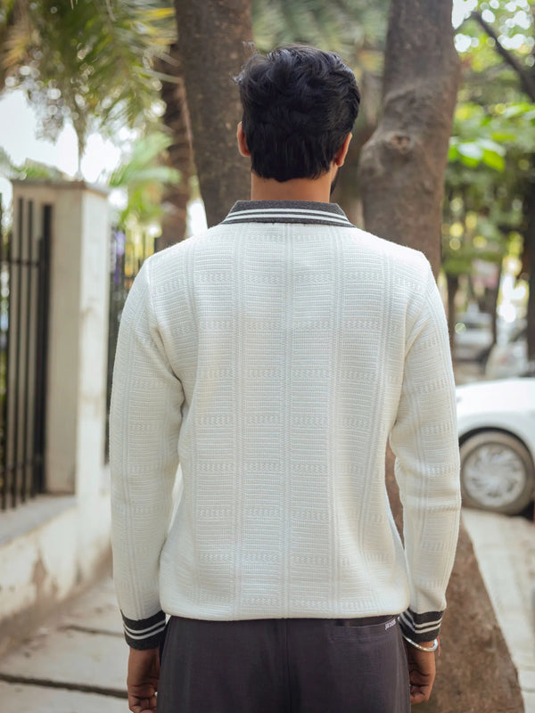 White with Grey Contrast Polo Neck Pullover