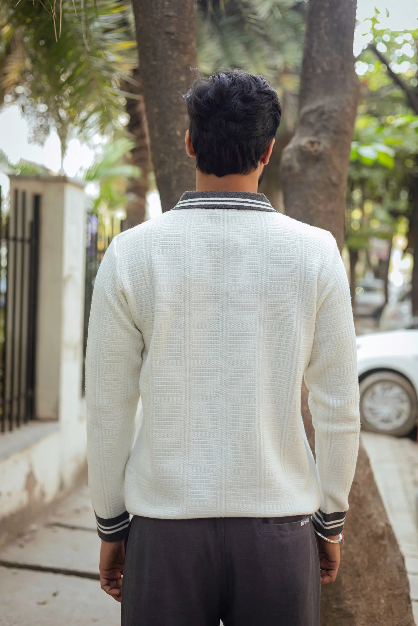 White with Grey Contrast Polo Neck Pullover