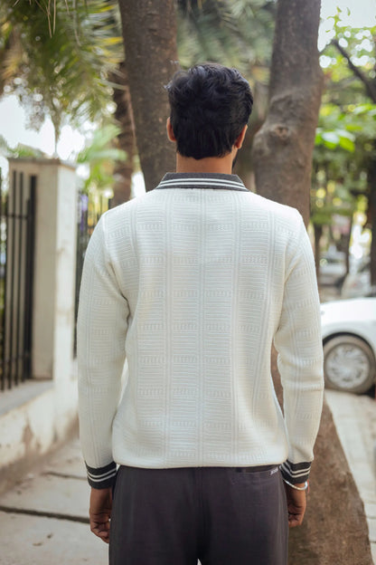 White with Grey Contrast Polo Neck Pullover