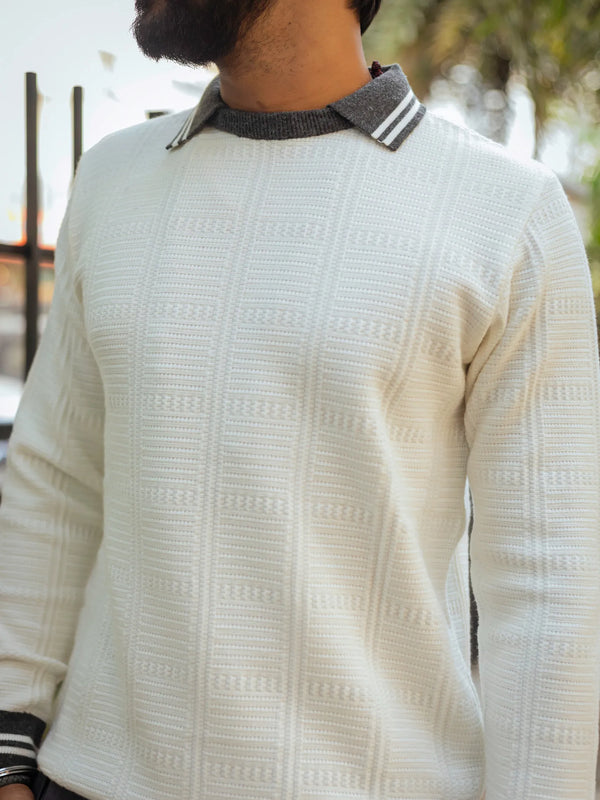 White with Grey Contrast Polo Neck Pullover