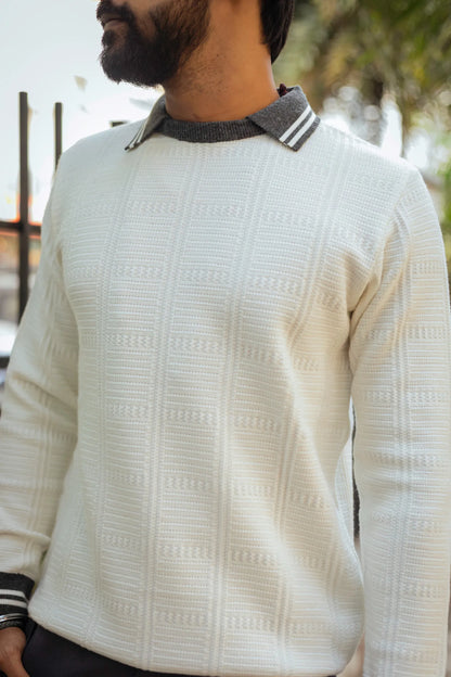 White with Grey Contrast Polo Neck Pullover