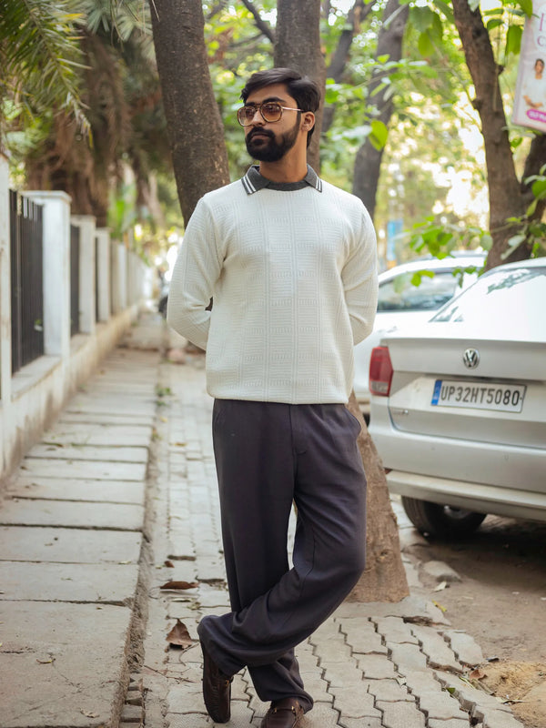 White with Grey Contrast Polo Neck Pullover