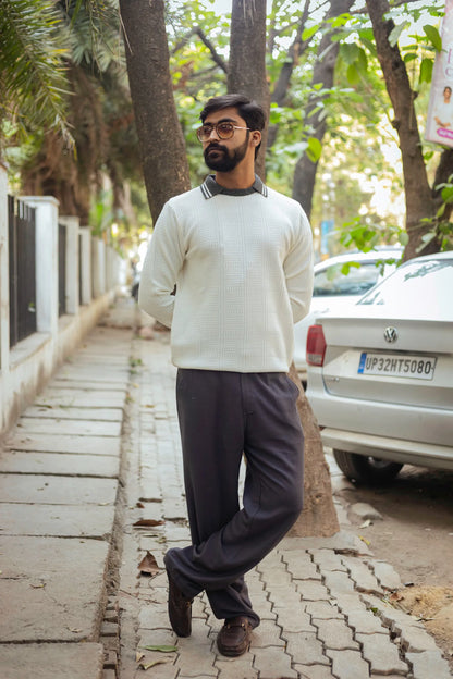 White with Grey Contrast Polo Neck Pullover