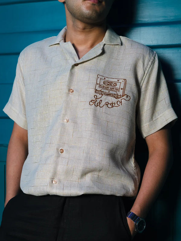 Beige Jute Old School Embroidered Linen Shirt