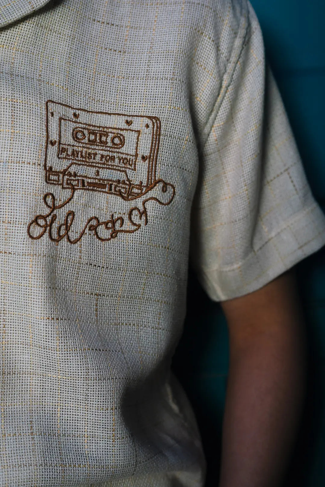 Beige Jute Old School Embroidered Linen Shirt