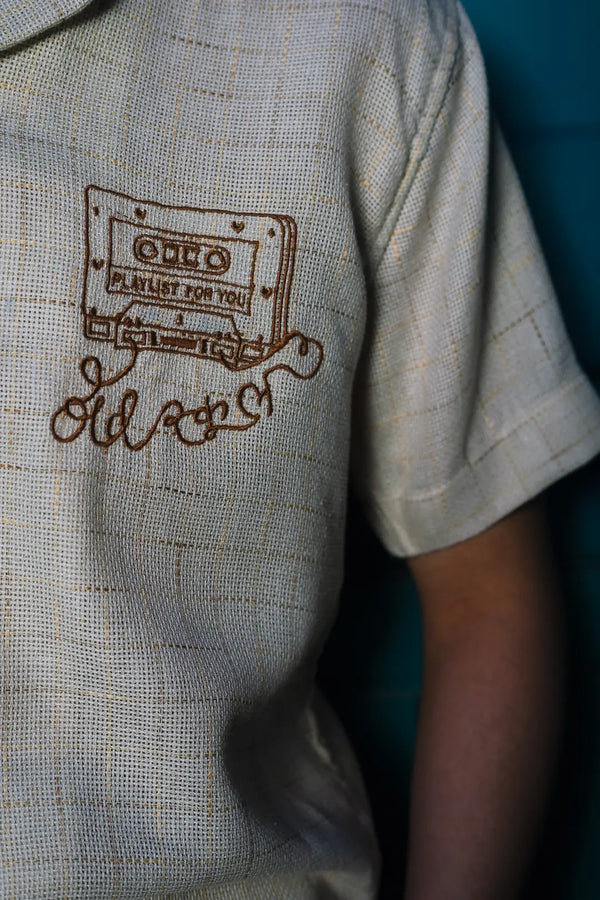 Beige Jute Old School Embroidered Linen Shirt