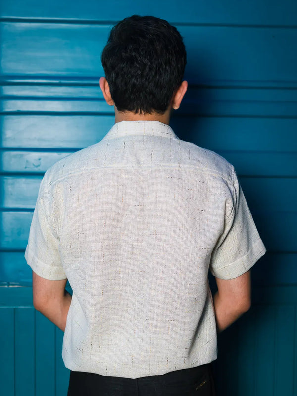 Beige Jute Old School Embroidered Linen Shirt