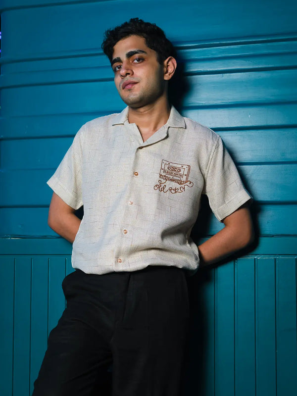 Beige Jute Old School Embroidered Linen Shirt