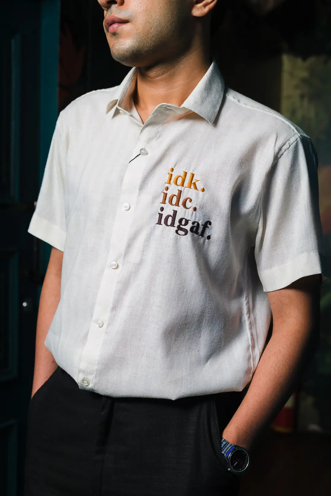 Idac Uniform IDC, IDK, IDGAF Embroidered Linen Shirt – JAVINISHKA