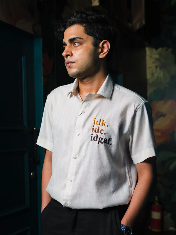 IDC, IDK, IDGAF Embroidered Linen Shirt