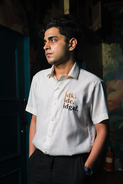 IDC, IDK, IDGAF Embroidered Linen Shirt