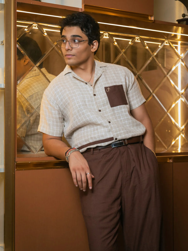 Beige Designer Jute Colour-block Brown Detailing Linen Shirt