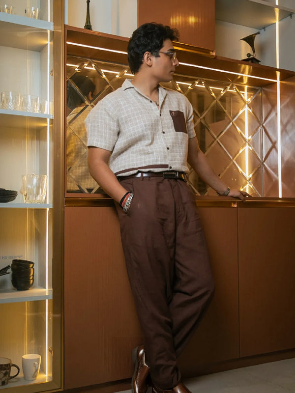 Beige Designer Jute Colour-block Brown Detailing Linen Shirt