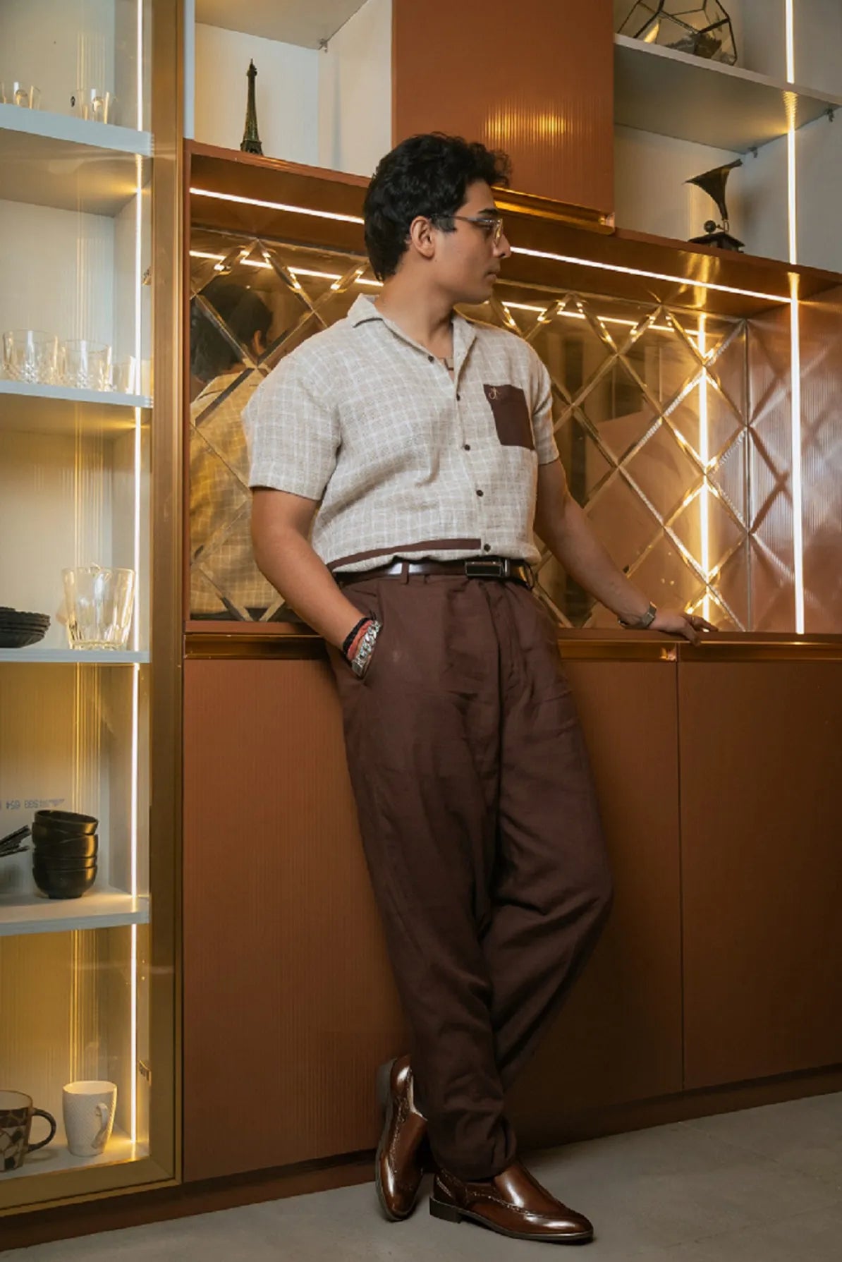 Beige Designer Jute Colour-block Brown Detailing Linen Shirt