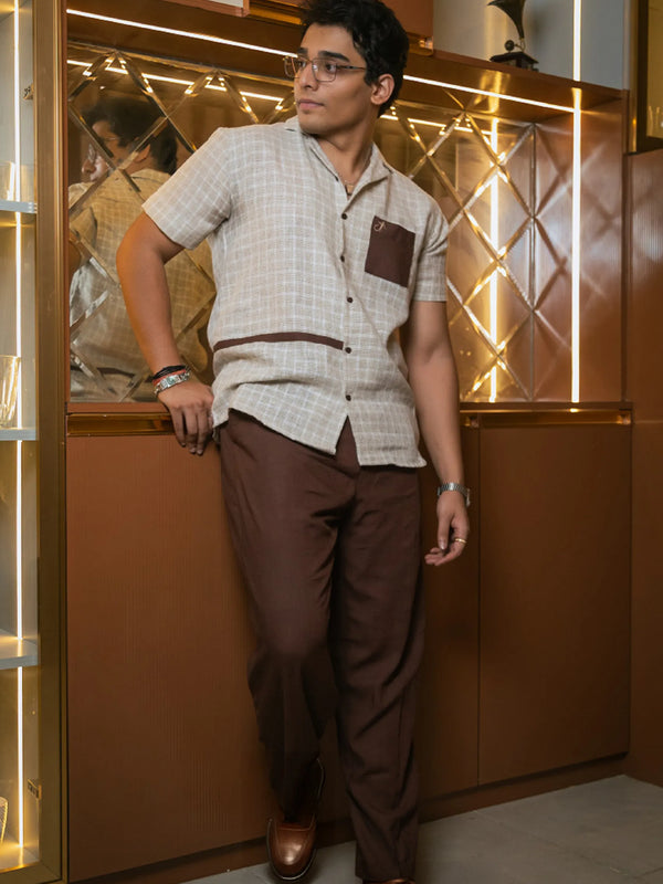 Beige Designer Jute Colour-block Brown Detailing Linen Shirt