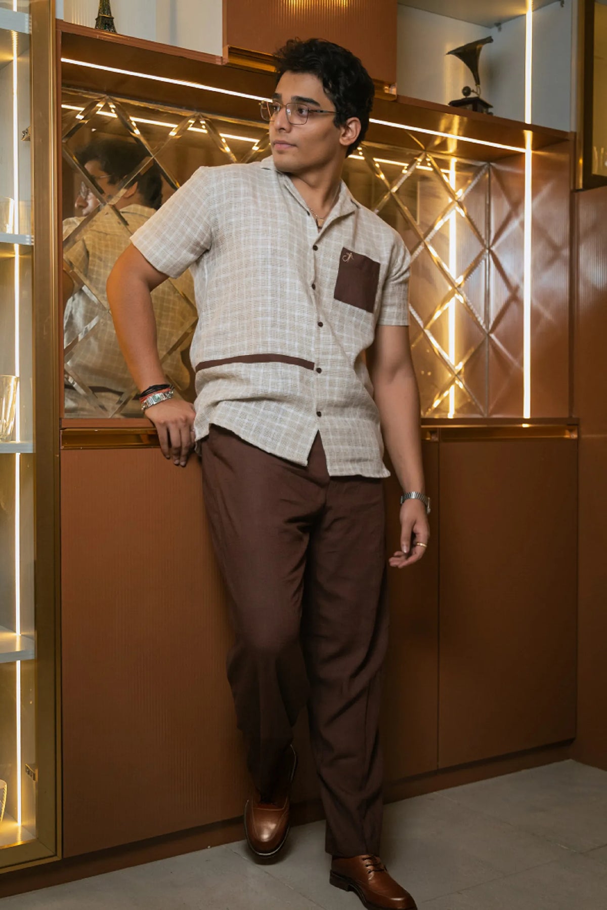 Beige Designer Jute Colour-block Brown Detailing Linen Shirt