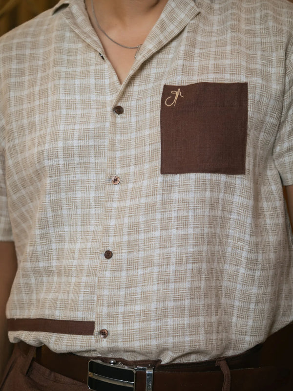 Beige Designer Jute Colour-block Brown Detailing Linen Shirt