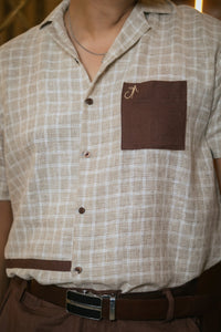 Beige Designer Jute Colour-block Brown Detailing Linen Shirt