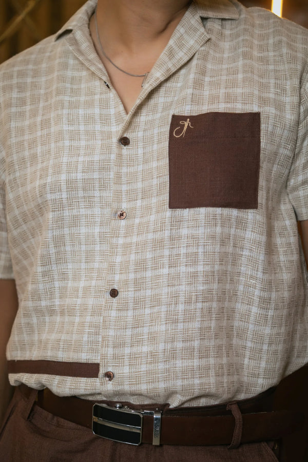 Beige Designer Jute Colour-block Brown Detailing Linen Shirt