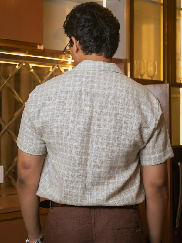 Beige Designer Jute Colour-block Brown Detailing Linen Shirt