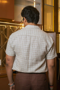 Beige Designer Jute Colour-block Brown Detailing Linen Shirt