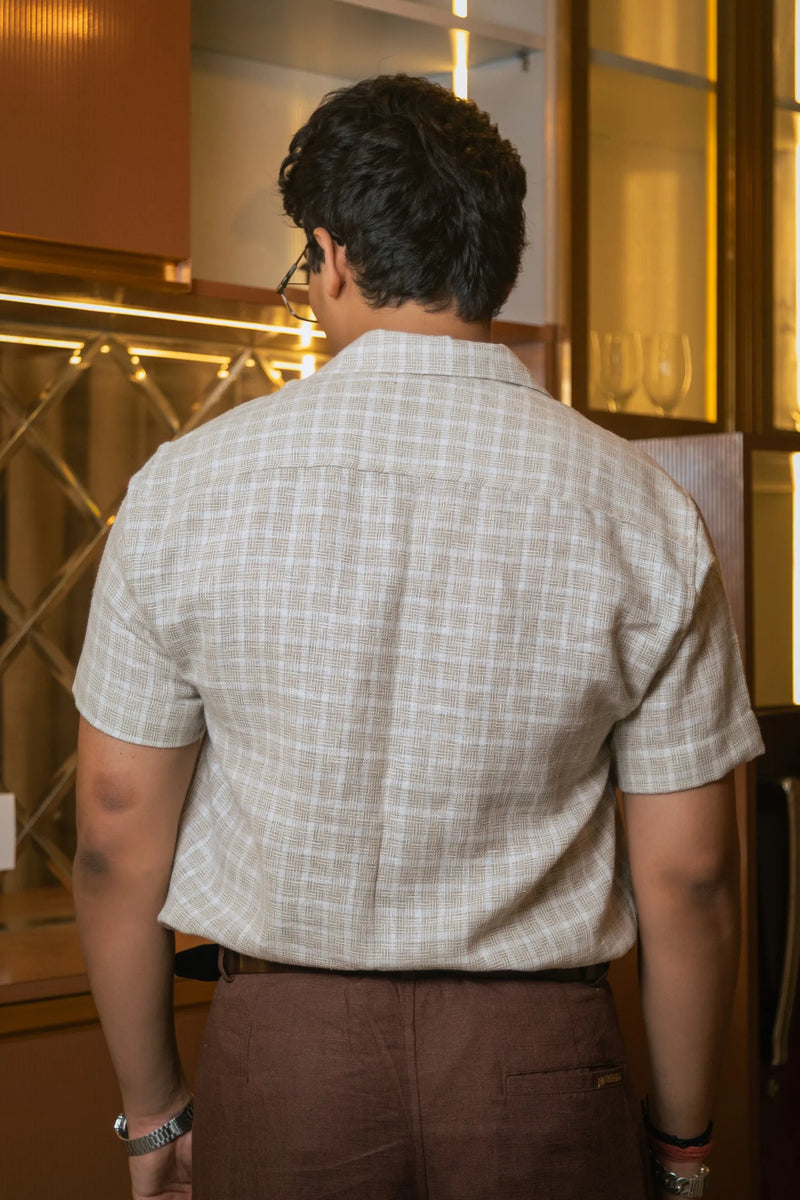 Beige Designer Jute Colour-block Brown Detailing Linen Shirt