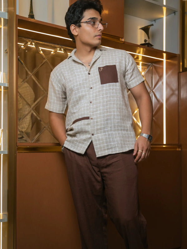 Beige Designer Jute Colour-block Brown Detailing Linen Shirt