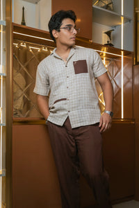 Beige Designer Jute Colour-block Brown Detailing Linen Shirt