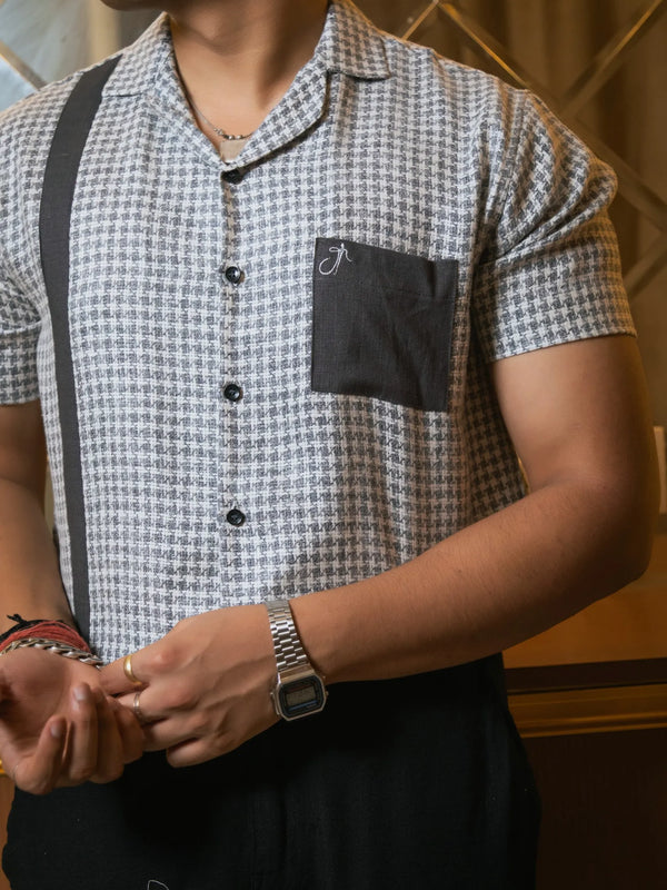 Light Grey Designer Jute Colourblock Dark Grey Detailing Linen Shirt